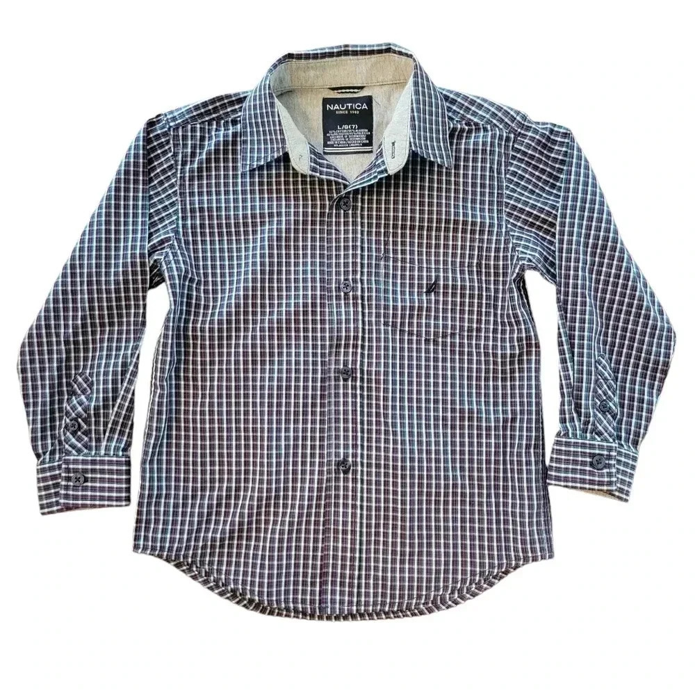Nautica Boy's Size L/7 Button-up Plaid Long Sleeve Shirt, Blue/Green/Pink/White